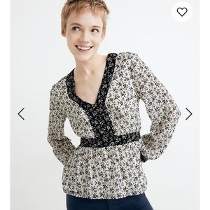 CLEARANCE Madewell V-neck Peplum Fall Floral Black & White Peasant Blouse Sz Lg